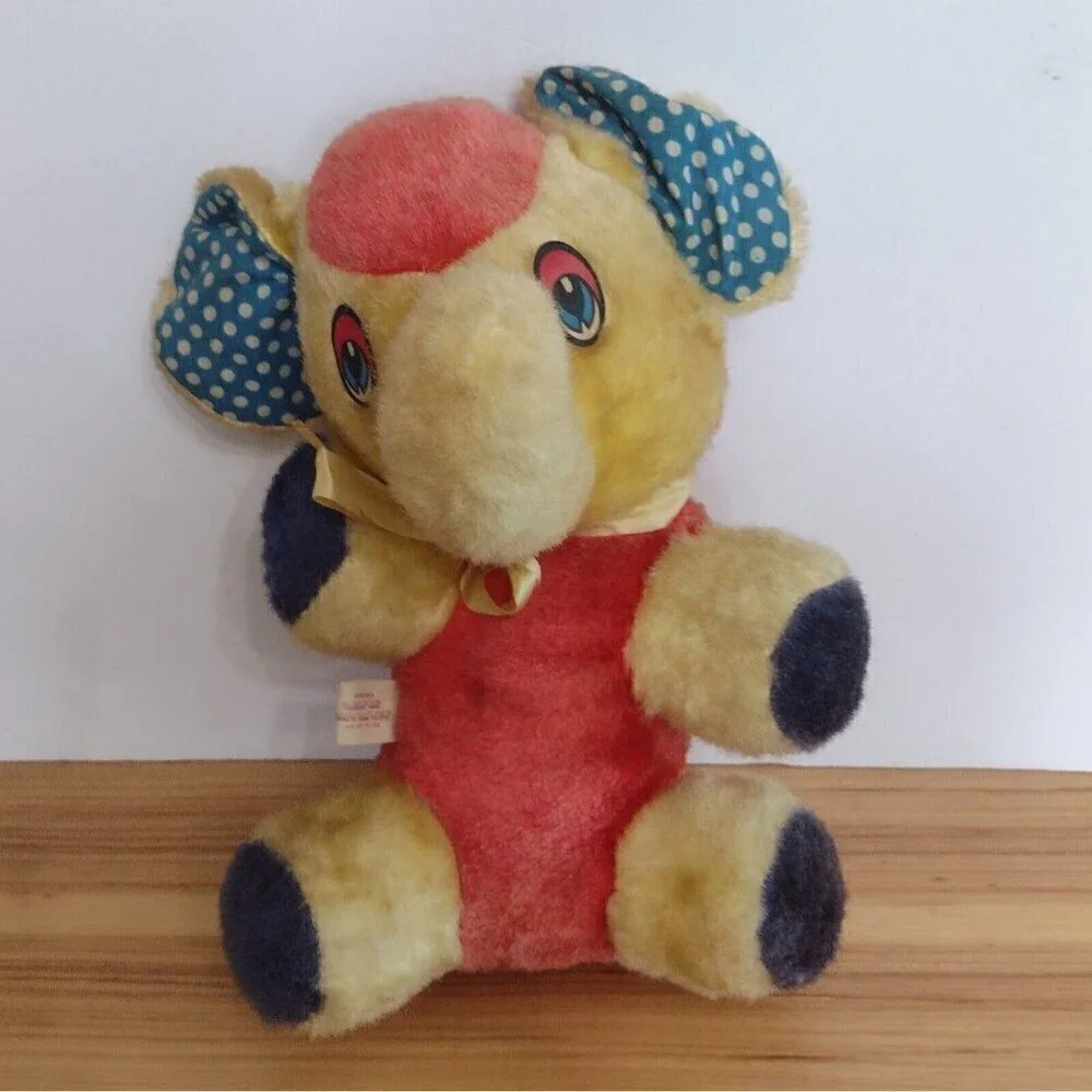 Vintage Superior Toy & Novelty Cellulose Elephant Plush Yellow Red Blue 15